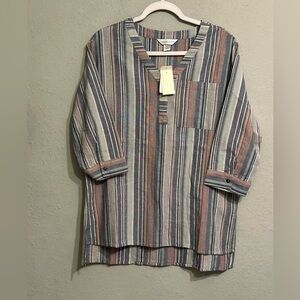 NWT Christopher & Banks Blouse Women's Blue Striped 3/4 Sleeve V-neck